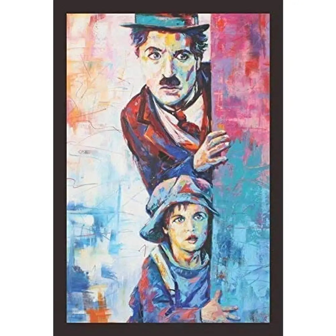 Masters Charlie Chaplin and Little Kid Sneaking Wooden Framed Painting Wall Art for Home Decor (12x18, Multicolour)