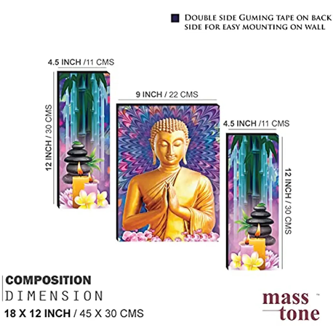 Masstone UV Laminated Golden Meditation Wall Art, Multicolor, Spiritual, 12 x 18 Inch, Digital Reprint, Set of 3