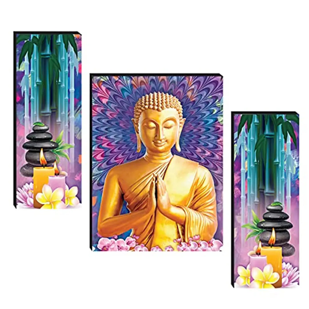 Masstone UV Laminated Golden Meditation Wall Art, Multicolor, Spiritual, 12 x 18 Inch, Digital Reprint, Set of 3