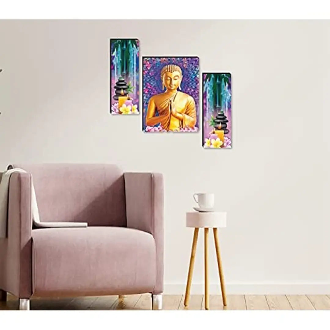 Masstone UV Laminated Golden Meditation Wall Art, Multicolor, Spiritual, 12 x 18 Inch, Digital Reprint, Set of 3