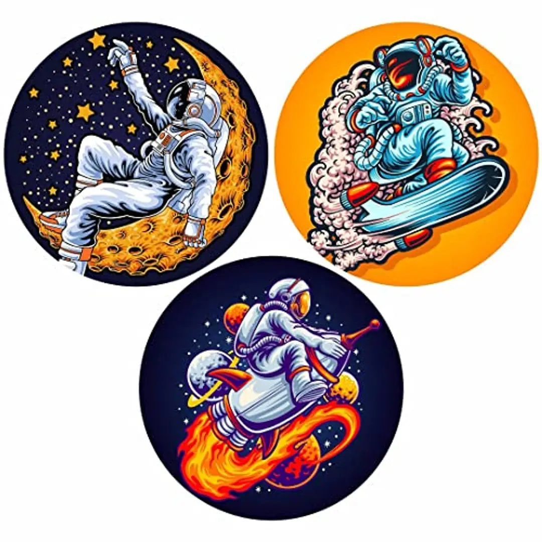 Round Shape Astronaut Rides A Rocket Wooden Print Art MDF 3 pcs for Home Decoration Items Multi (19cmx19cm)