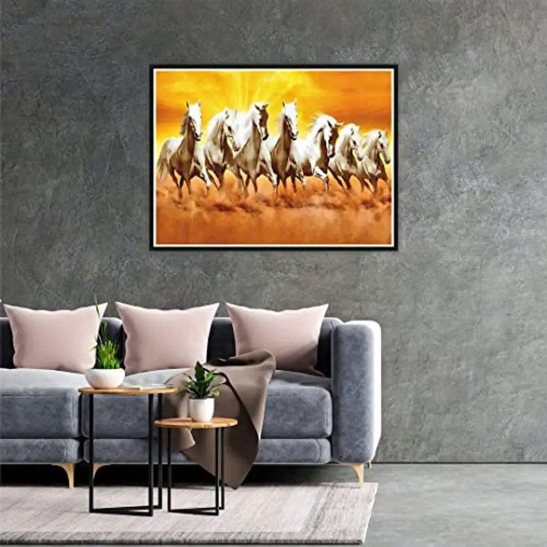 Seven Lucky Running White Horses Wall Sticker Vinyl Poster Waterproof for Decorative Poster Size(18inch X 24inch)_C19