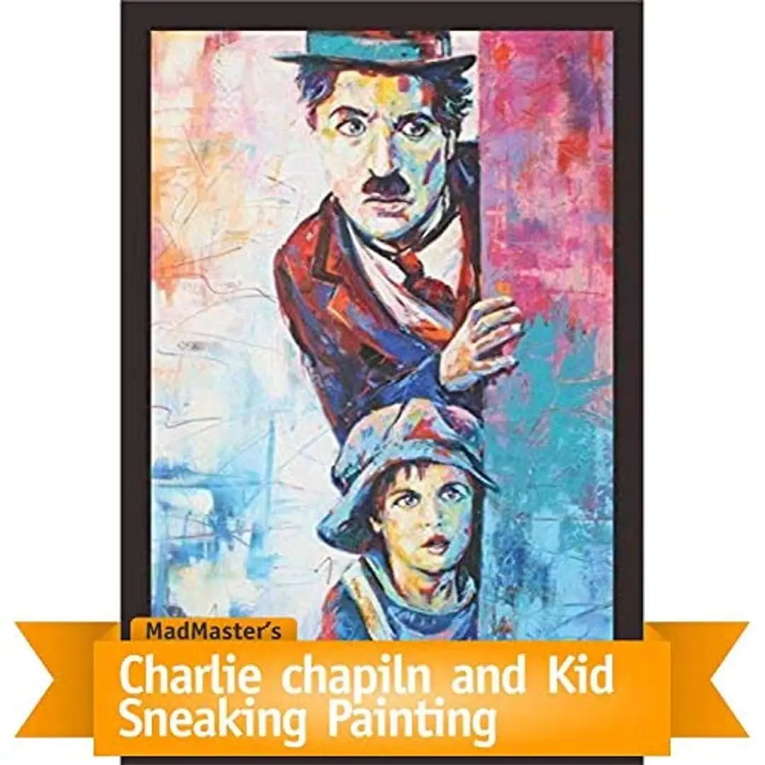 Masters Charlie Chaplin and Little Kid Sneaking Wooden Framed Painting Wall Art for Home Decor (12x18, Multicolour)